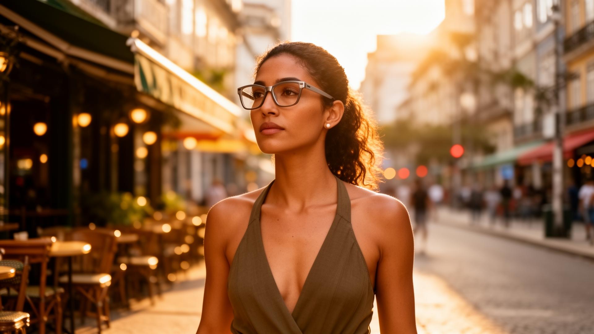 Cliente usando óculos em rua urbana com cafés