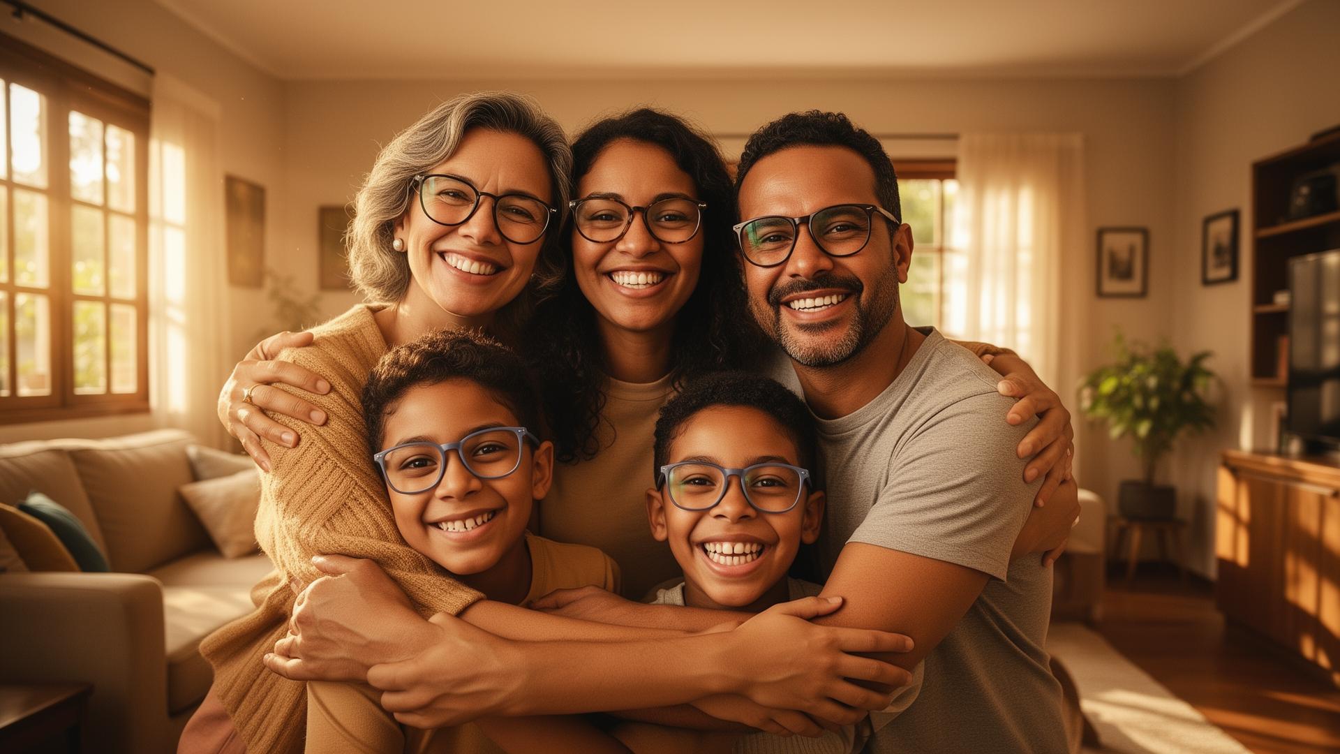 Família sorrindo junta, todos usando óculos